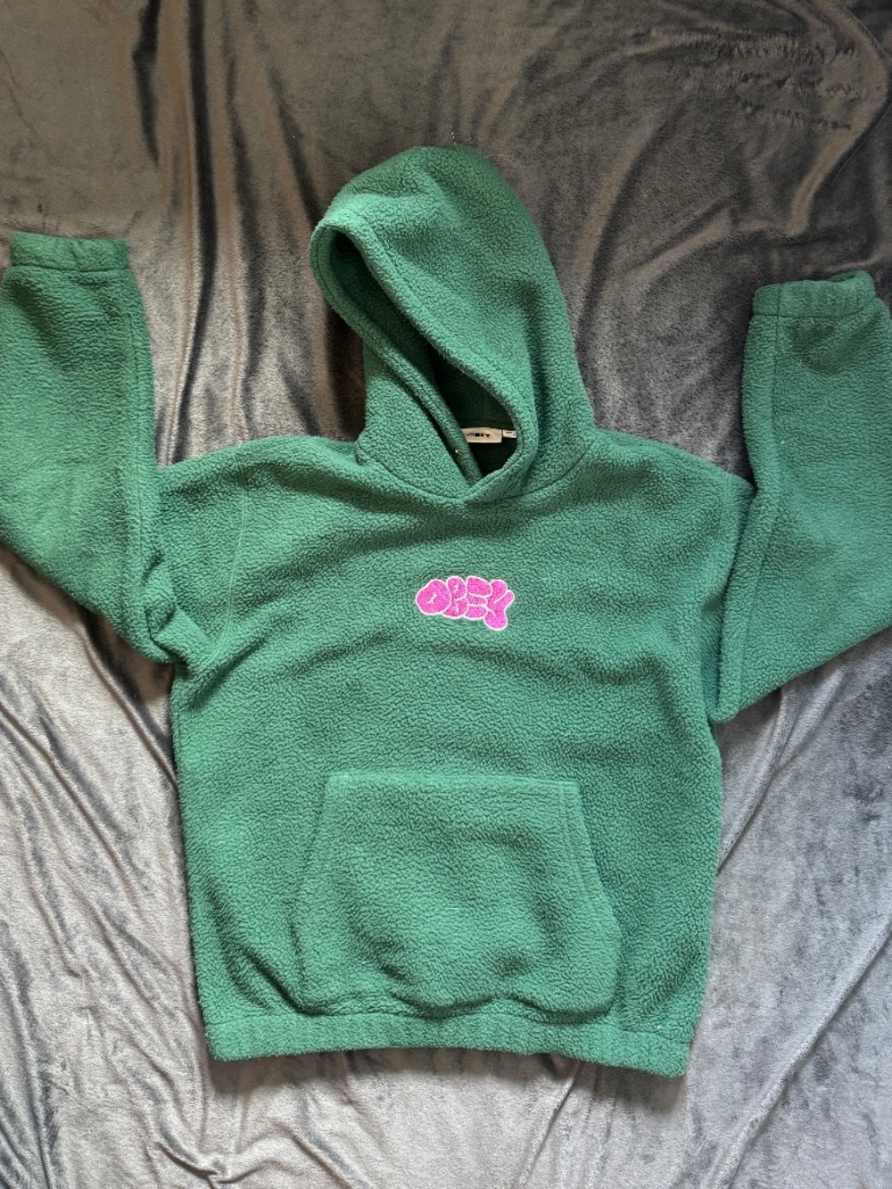 OBEY Green Sherpa Fleece Hoodie Pink Logo Pullover